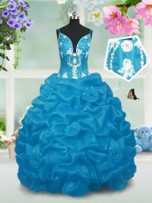 Sleeveless Floor Length Beading and Pick Ups Lace Up Child Pageant Dress with Baby Blue