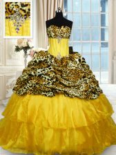  Ruffled Sweetheart Sleeveless Sweep Train Lace Up Sweet 16 Dresses Gold Organza and Printed