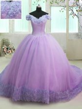  Lilac Off The Shoulder Neckline Hand Made Flower Sweet 16 Quinceanera Dress Short Sleeves Lace Up