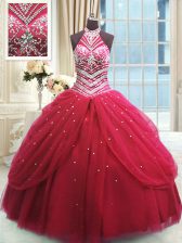  Red Vestidos de Quinceanera Military Ball and Sweet 16 and Quinceanera with Beading High-neck Sleeveless Lace Up