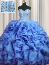  Visible Boning Bling-bling Baby Blue Lace Up Sweet 16 Quinceanera Dress Beading and Ruffles Sleeveless With Brush Train