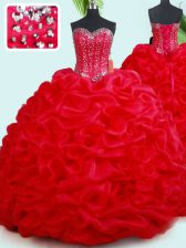  Sleeveless Beading and Pick Ups Lace Up Sweet 16 Dress with Red Court Train