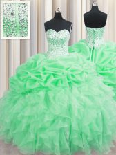 Exquisite Visible Boning Organza Sweetheart Sleeveless Lace Up Beading and Ruffles and Pick Ups Sweet 16 Dress in Apple Green
