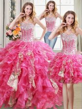  Three Piece Sleeveless Beading and Ruffles and Sequins Lace Up 15 Quinceanera Dress