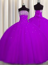 Customized Really Puffy Sleeveless Tulle Floor Length Lace Up Quinceanera Dress in Purple with Beading and Sequins