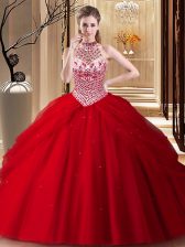  Halter Top Pick Ups With Train Ball Gowns Sleeveless Red Quinceanera Dress Brush Train Lace Up