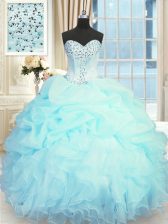 Dynamic Light Blue Ball Gowns Sweetheart Sleeveless Organza Floor Length Lace Up Beading and Ruffles and Pick Ups Ball Gown Prom Dress