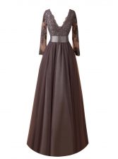 Wonderful Floor Length Brown Prom Evening Gown Organza Long Sleeves Lace