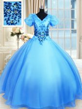 Charming Floor Length Lace Up Quinceanera Gowns Baby Blue for Military Ball and Sweet 16 and Quinceanera with Appliques