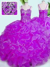Enchanting Organza Spaghetti Straps Sleeveless Lace Up Beading and Ruffles 15 Quinceanera Dress in Fuchsia