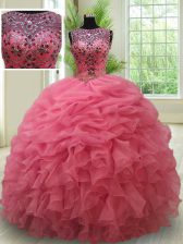  Scoop See Through Pink Bateau Neckline Beading and Ruffles and Pick Ups Quinceanera Dresses Sleeveless Lace Up