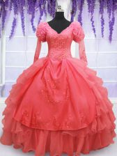  Long Sleeves Floor Length Lace Up Quinceanera Dresses Coral Red for Military Ball and Sweet 16 and Quinceanera with Beading and Embroidery