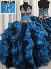  Leopard Two Tone V Neck Floor Length Ball Gowns Sleeveless Blue And Black Quinceanera Gowns Lace Up