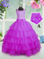  Floor Length Rose Pink Little Girls Pageant Dress Wholesale Organza Sleeveless Beading and Ruffled Layers