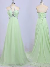 Modern Halter Top Yellow Green Sleeveless Chiffon Court Train Zipper Prom Dress for Prom