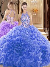 Edgy Blue Organza Backless High-neck Sleeveless Sweet 16 Dresses Court Train Embroidery and Ruffles