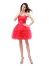 Edgy Red A-line Beading and Ruffled Layers Prom Dresses Zipper Organza Sleeveless Knee Length
