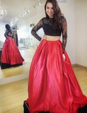  A-line Dress for Prom Red High-neck Satin Long Sleeves Floor Length Backless