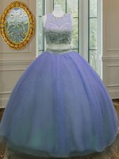  Scoop Sleeveless Floor Length Ruffled Layers and Sashes ribbons Zipper Quinceanera Dresses with Lavender