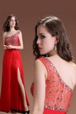  One Shoulder Beading Prom Dress Red Side Zipper Sleeveless Floor Length
