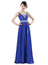 Fashion V-neck Sleeveless Dress for Prom Floor Length Beading Royal Blue Elastic Woven Satin