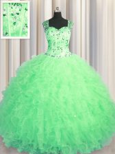 Best See Through Zipper Up Sleeveless Floor Length Beading and Ruffles Zipper 15th Birthday Dress with Apple Green