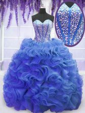 High End Royal Blue Organza Lace Up Sweetheart Sleeveless Sweet 16 Quinceanera Dress Sweep Train Beading and Ruffles