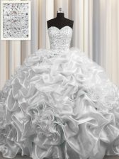Ideal Court Train Grey Organza Lace Up Sweetheart Sleeveless Floor Length 15 Quinceanera Dress Beading and Pick Ups