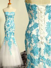  Mermaid Floor Length Blue and Blue And White Prom Dresses Tulle Sleeveless Appliques