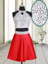 Lovely A-line Prom Evening Gown White And Red Halter Top Satin Sleeveless Mini Length Criss Cross
