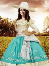  Multi-color Taffeta Lace Up Off The Shoulder Half Sleeves Floor Length Sweet 16 Quinceanera Dress Embroidery and Ruffled Layers and Bowknot