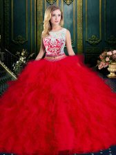 Sexy Scoop Floor Length Zipper Sweet 16 Dress Red for Military Ball and Sweet 16 and Quinceanera with Lace and Ruffles