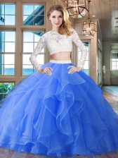 Low Price Scoop Blue Long Sleeves Beading and Lace and Ruffles Zipper 15 Quinceanera Dress
