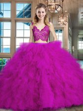 Sexy Brush Train Two Pieces Sweet 16 Quinceanera Dress Fuchsia V-neck Tulle Sleeveless Zipper
