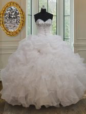  White Lace Up Quince Ball Gowns Beading and Ruffles and Sequins Sleeveless Floor Length