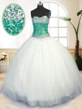  White Tulle Lace Up Quinceanera Dress Sleeveless Floor Length Beading