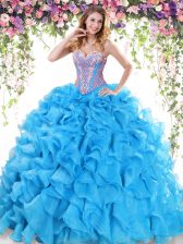  Sweetheart Sleeveless Sweep Train Lace Up 15 Quinceanera Dress Baby Blue Organza
