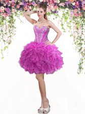  Sweetheart Sleeveless Prom Dresses Mini Length Beading and Ruffles Fuchsia Tulle