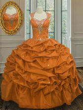 Shining Orange Straps Lace Up Beading and Pick Ups Quince Ball Gowns Sleeveless