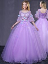 Luxurious Scoop Half Sleeves Floor Length Lace Up 15 Quinceanera Dress Lavender for Military Ball and Sweet 16 and Quinceanera with Lace and Appliques
