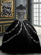 Classical Black Sweet 16 Dress Military Ball and Sweet 16 and Quinceanera with Beading and Appliques Sweetheart Sleeveless Brush Train Lace Up