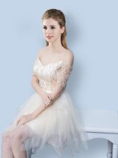  Off the Shoulder Short Sleeves Sequins and Bowknot Lace Up Quinceanera Dama Dress
