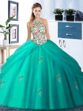 Admirable Pick Ups Halter Top Sleeveless Lace Up Quince Ball Gowns Turquoise Tulle