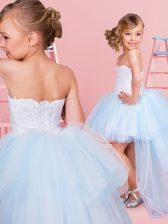  Light Blue Lace Up Flower Girl Dresses Lace Sleeveless High Low