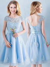 Spectacular Light Blue Tulle Lace Up Scoop Short Sleeves Knee Length Damas Dress Appliques and Bowknot