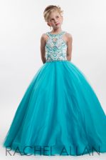  A-line Pageant Gowns For Girls Turquoise Scoop Tulle Sleeveless Floor Length Zipper