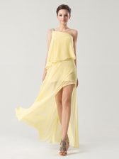  One Shoulder Yellow Sleeveless Chiffon Zipper Prom Party Dress for Prom and Party