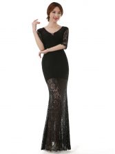  Black Prom Dresses Prom and Party with Lace Scoop Half Sleeves Zipper