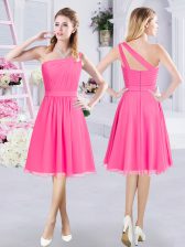 Fitting A-line Vestidos de Damas Hot Pink One Shoulder Chiffon Sleeveless Knee Length Zipper