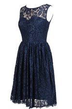 Superior Scoop Knee Length Navy Blue Homecoming Dress Lace Sleeveless Hand Made Flower
